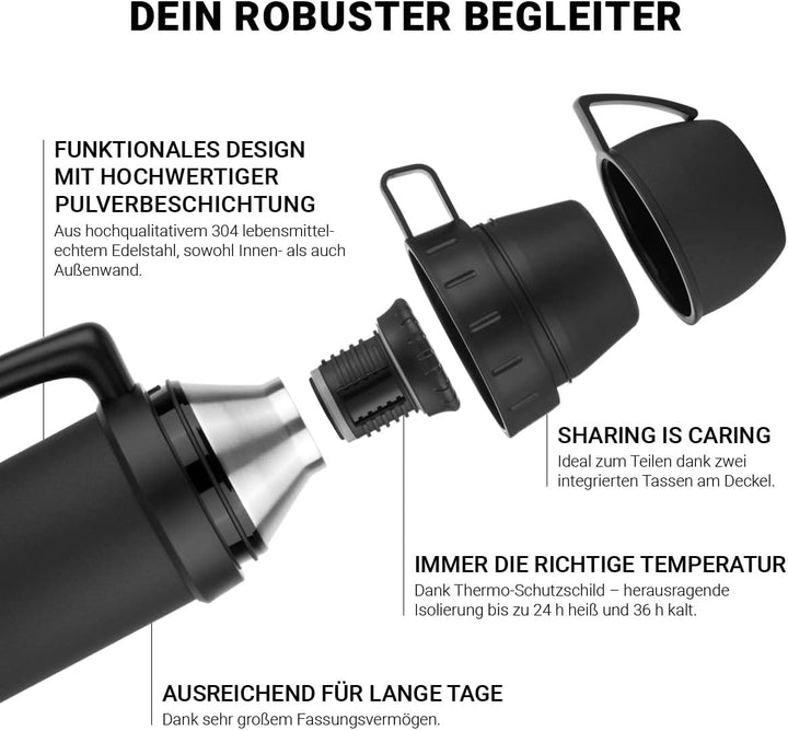 720°DGREE Thermoskanne mit 2 Bechern “bigBoy“ 1,2 Liter - Auslaufsicher, Robust - Premium Edelstahl