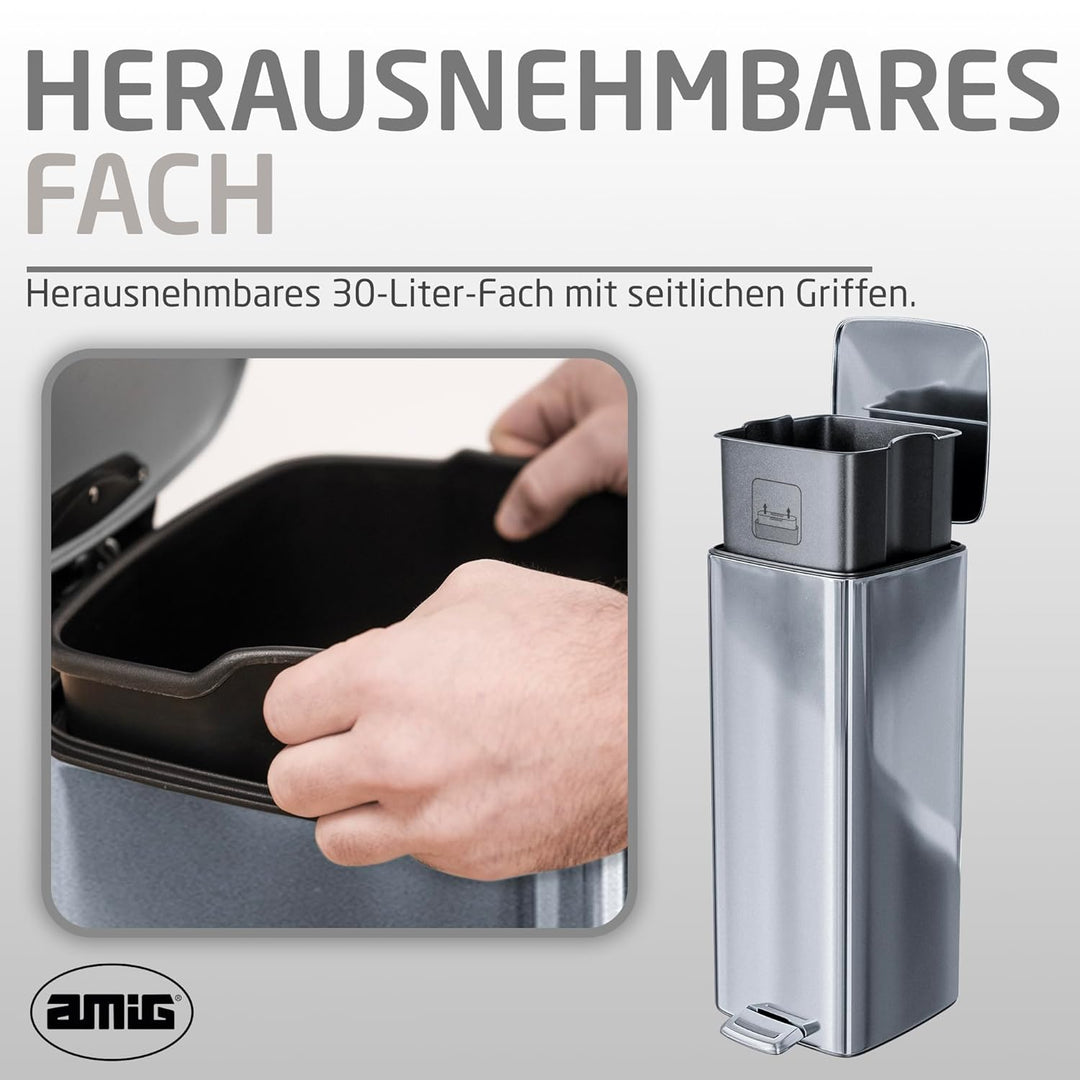 Amig - Mülleimer mit Pedal 30 Liter Mod. Artvin - Chrom - Hygienische, freihändige Öffnung - 27 x 36