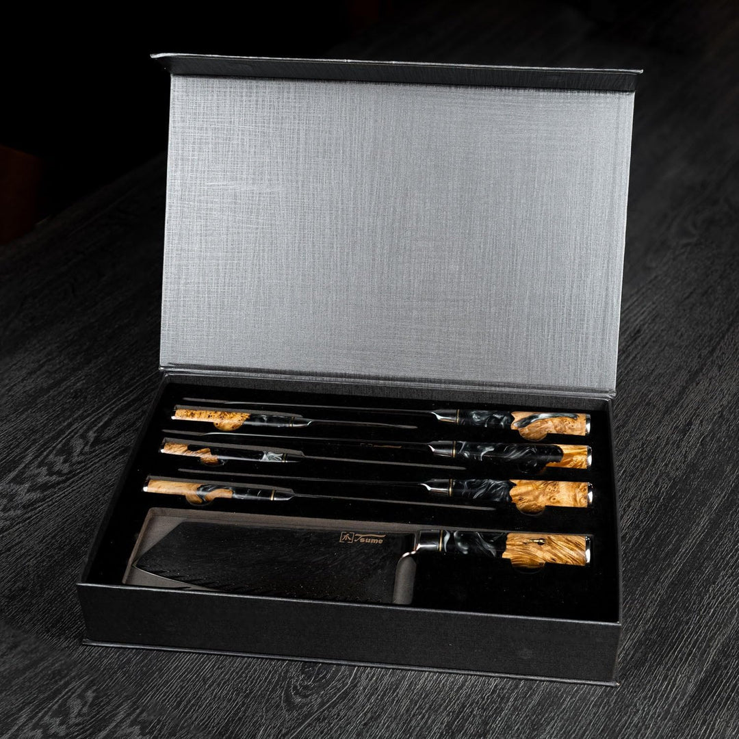 Tsume Profi Set Onyx, Messerset mit 7 Premium Küchenmessern, Echte Damast Küchenmesser, 67 Schichten
