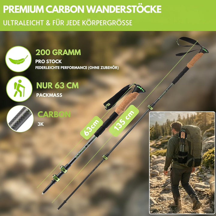 Wanderstöcke Teleskop aus Carbon & Aluminium - Nordic Walking Stöcke mit Korkgriff für Damen & Herre