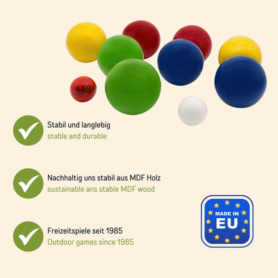 GICO Boccia Spiel aus Holz, vollfarben lackiert mit 8 Kugeln, Durchmesser 7 cm - 3013
