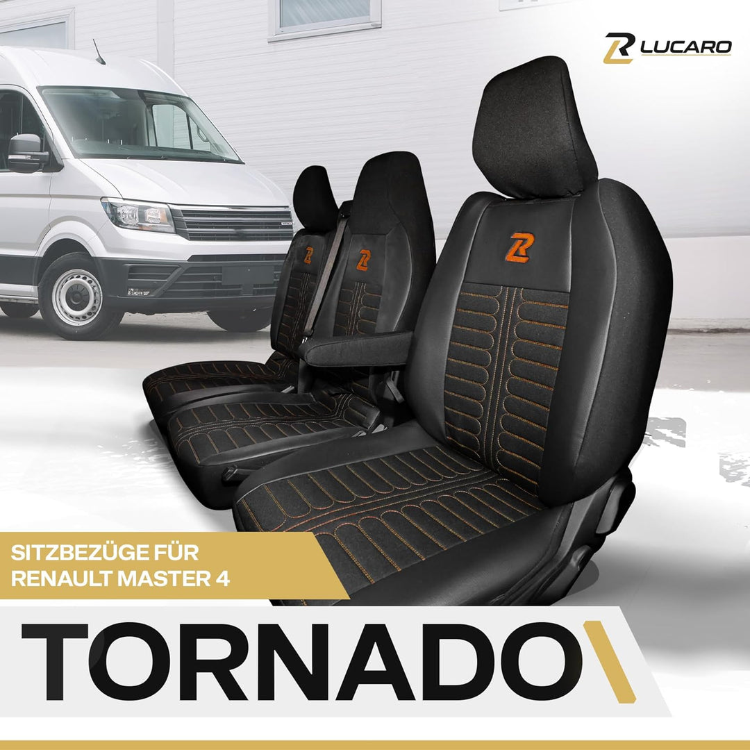 LUCARO Sitzbezüge Auto Set Tornado für Renault Master 4, Nissan Interstar 3 Orange Rückenlehne und S
