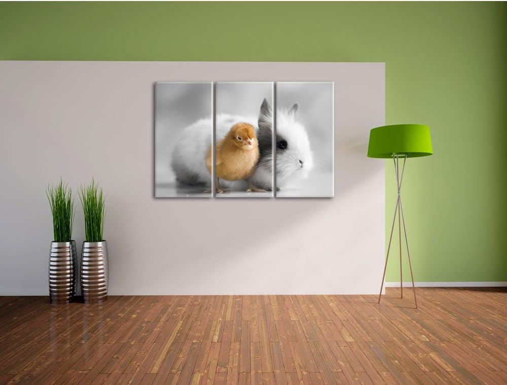 Pixxprint kleines Küken mit süssem Häschen B&W Detail 3-Teiler Leinwandbild 120x80 Bild auf Leinwand