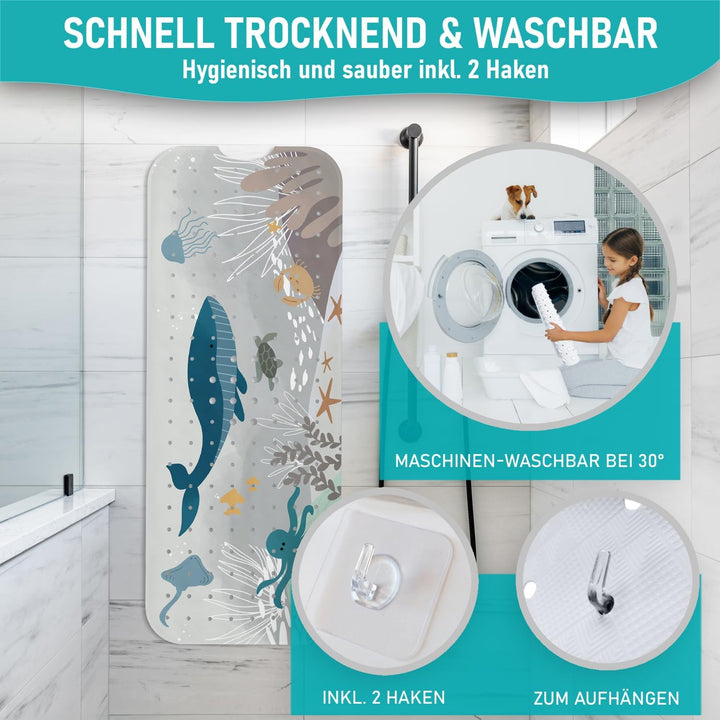 Badewannenmatte 100x40 cm Wasserwelt Grau | Badematte rutschfest | Inkl. Aufhängung | Schimmelresist