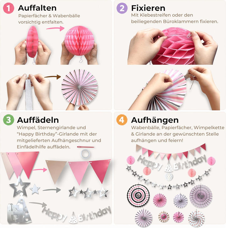 Geburtstagsdeko Set Rosa 16-teilig – Papierfächer Wabenbälle Wimpelkette Happy Birthday Girlande Ste