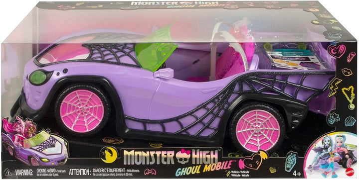 Monster High Spielzeugauto, Ghoul Mobile mit Tierfigur und coolem Zubehör, lilafarbenes Cabrio mit S