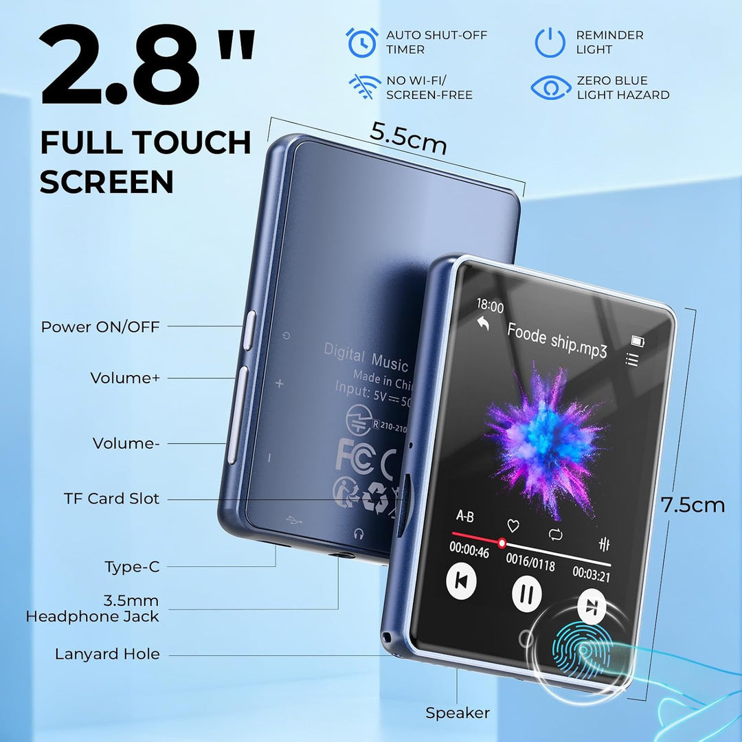 MP3 Player Bluetooth 5.3 mit 2.8 Zoll Voller Touchscreen Lautsprecher, 32GB (Unterstützt bis zu 128