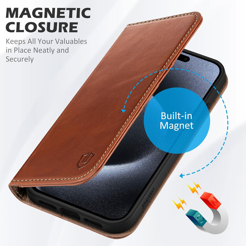 SHIELDON Hülle für iPhone 15 Pro Max, Handyhülle [Echtleder] [Kartenfach] [Magnet] [Stand] [RFID Blo