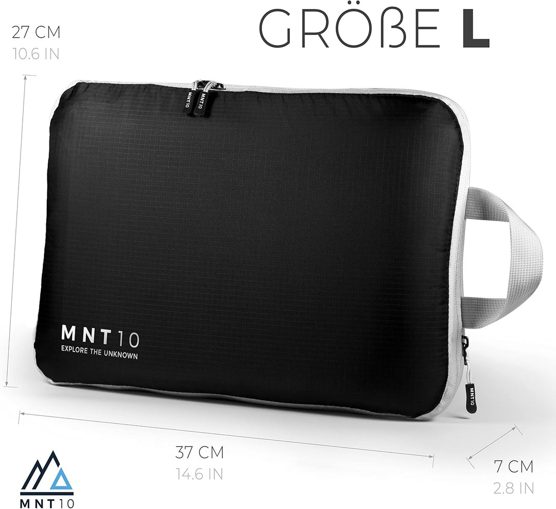 MNT10 Packtaschen recycelt mit Kompression S, M, L, XL I Packwürfel mit Schlaufe als Koffer-Organize