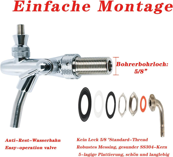 Bierzapfhahn Einstellbare G5/8 Gewinde Bierhahn Chrome Fassbierhahn, Einstellbarer Bier Zapfhahn für