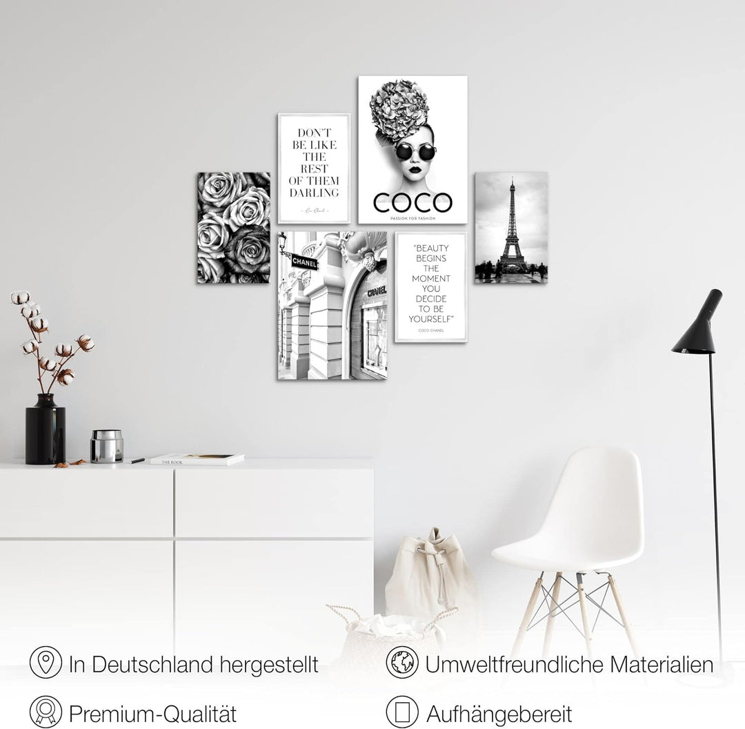 Novart Bilder Set - AUFHÄNGFERTIG - KEIN EXTRA RAHMEN BENÖTIGT - Fashion Coco Modern Schwarz Weiss -