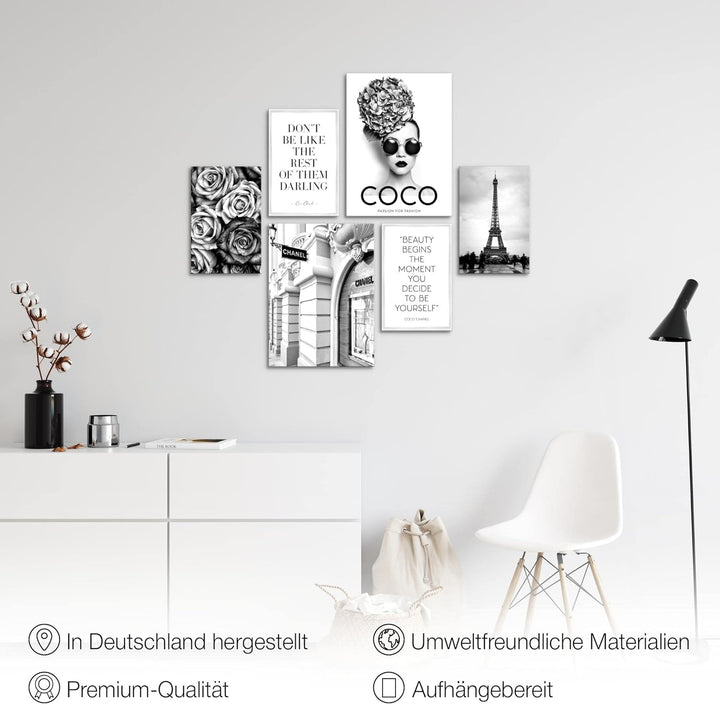 Novart Bilder Set - AUFHÄNGFERTIG - KEIN EXTRA RAHMEN BENÖTIGT - Fashion Coco Modern Schwarz Weiss -
