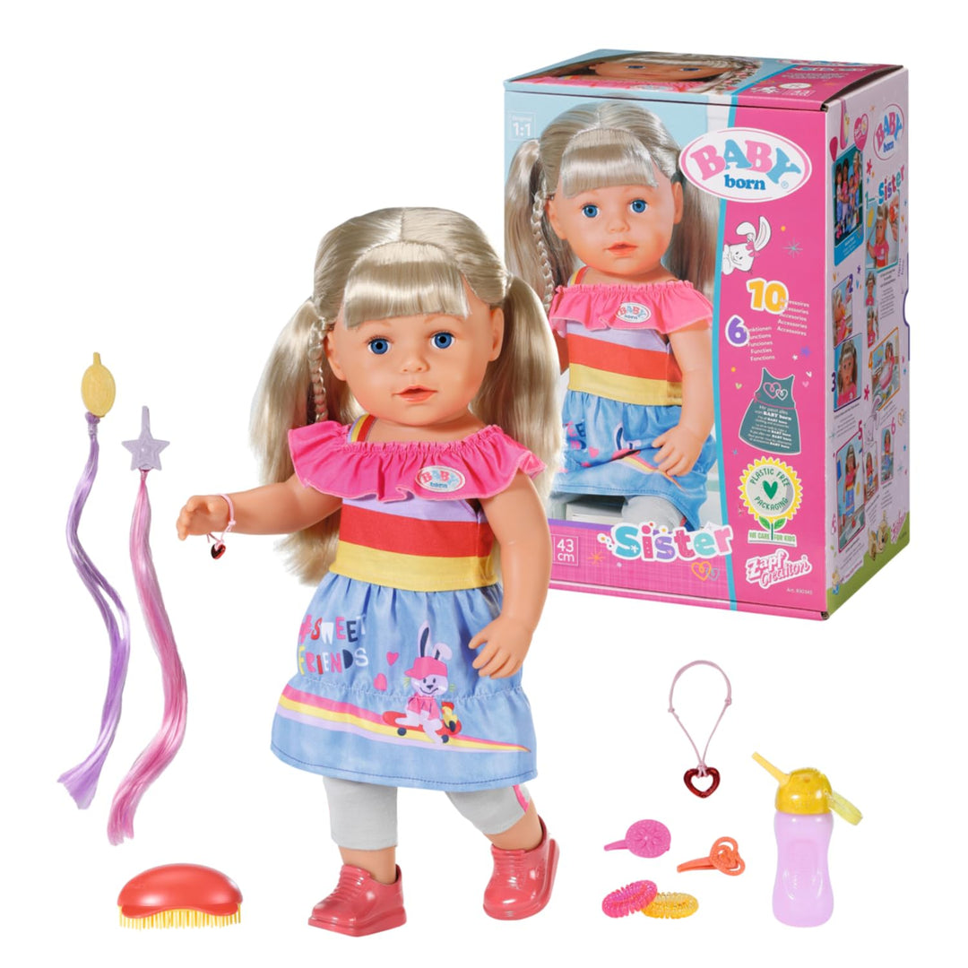 Zapf Creation 830345 BABY born Sister 43cm - Puppe mit lebensechten Funktion und langen blonden Haar