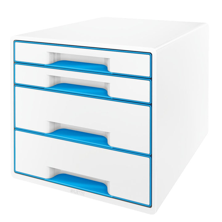 Leitz CUBE Schubladenbox mit 4 Schubladen, Weiss/Blau, A4, Inkl. transparentem Schubladeneinsatz, WO