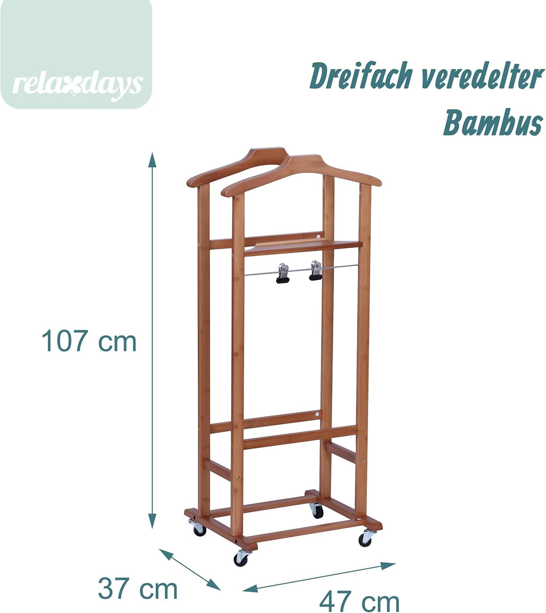 Relaxdays Herrendiener auf Rollen, Stummer Diener, Premium-Bambus, Kleiderablage Schlafzimmer, HBT: