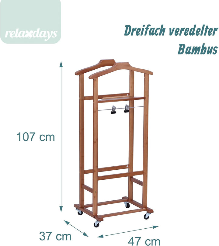 Relaxdays Herrendiener auf Rollen, Stummer Diener, Premium-Bambus, Kleiderablage Schlafzimmer, HBT: