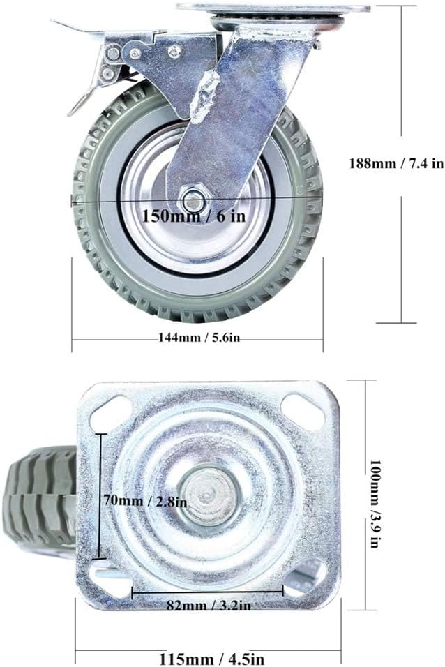 uyoyous 4PCS Schwerlastrollen 150mm Transportrollen Möbelrollen Vollgummi Rollen 2 Bremsrollen 2 Len