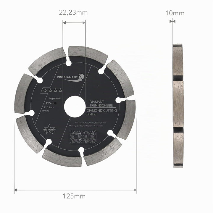 PRODIAMANT Fugenfräser ø 125 mm Breite 10mm für Mörtel Beton Mauerwerk und Putz 10mm Diamantsegment