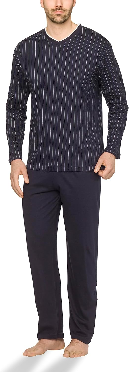 Herren Schlafanzug lang aus 100% Baumwolle mit V-Ausschnitt und Streifen-Design, Streifen-druck auf