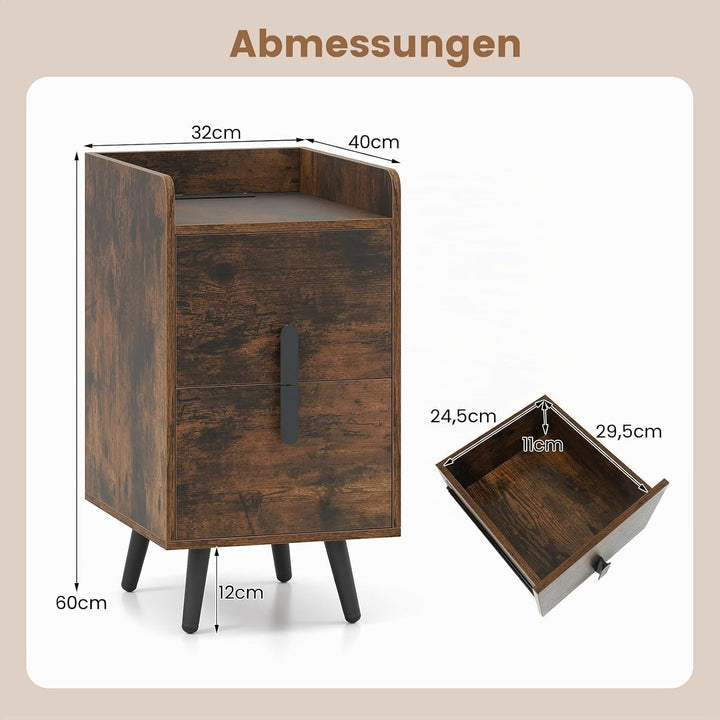 COSTWAY Nachttisch mit Ladestation, schmaler Nachtschrank mit 2 Schubladen, Beistelltisch mit Metall