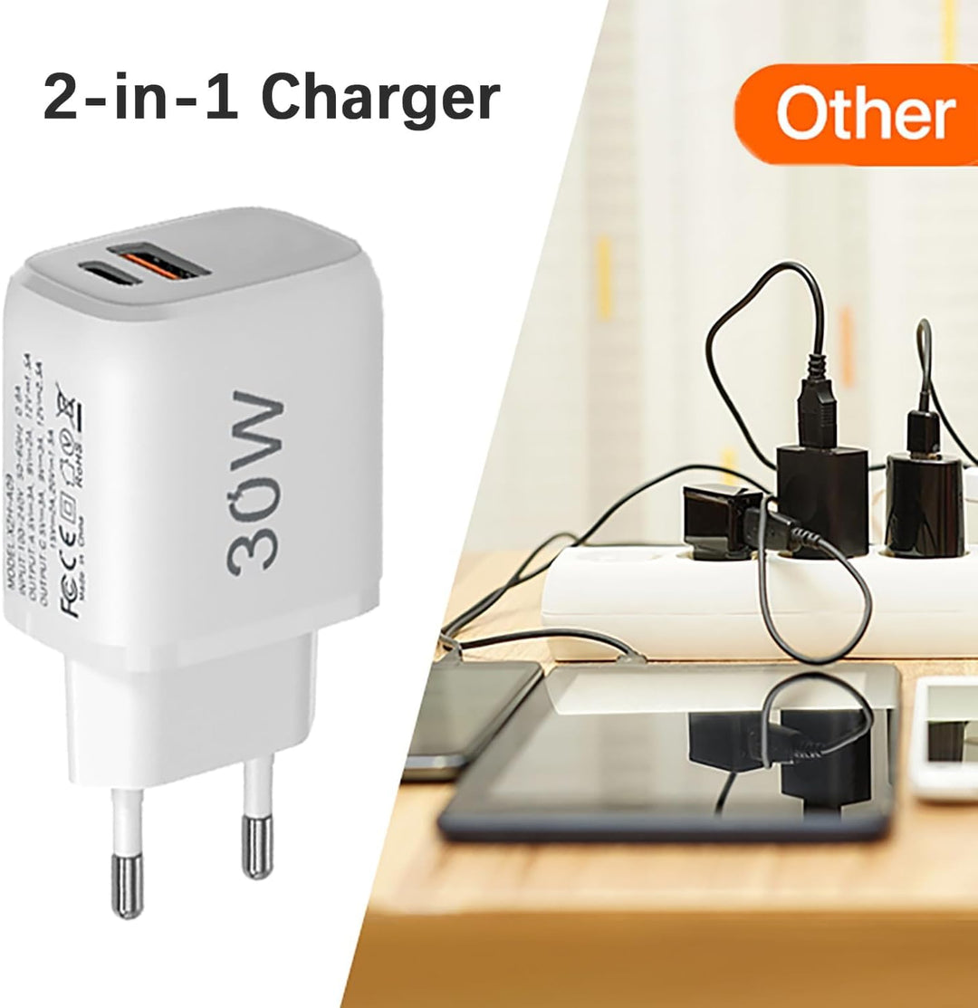 30W USB C Ladegerät Ladekabel, 3 Stück 2-Port PD Schnellladegerät mit 2M Kabel, USB C Stecker Netzte