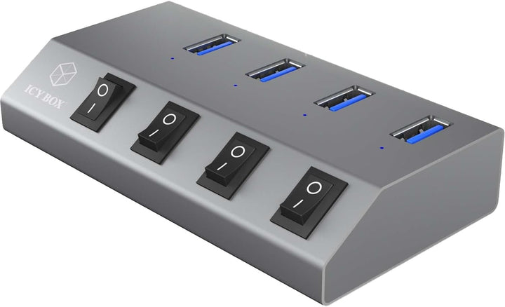 ICY BOX IB-Hub1405 4-fach USB 3.0 Hub und Ladegerät, An-/Ausschalter für jeden Port, Netzteil (5V/4A
