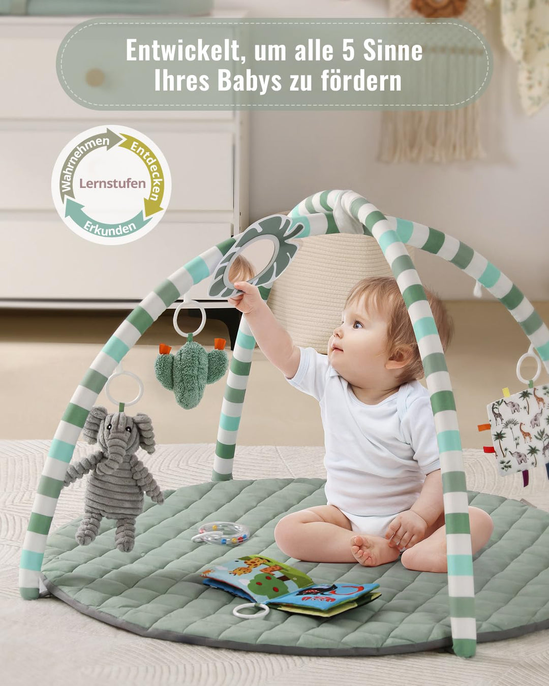 Blissful Diary Spielbogen Baby, Spieldecke Baby Gym Activity Decke mit 6 Abnehmbare Spielzeuge, krab