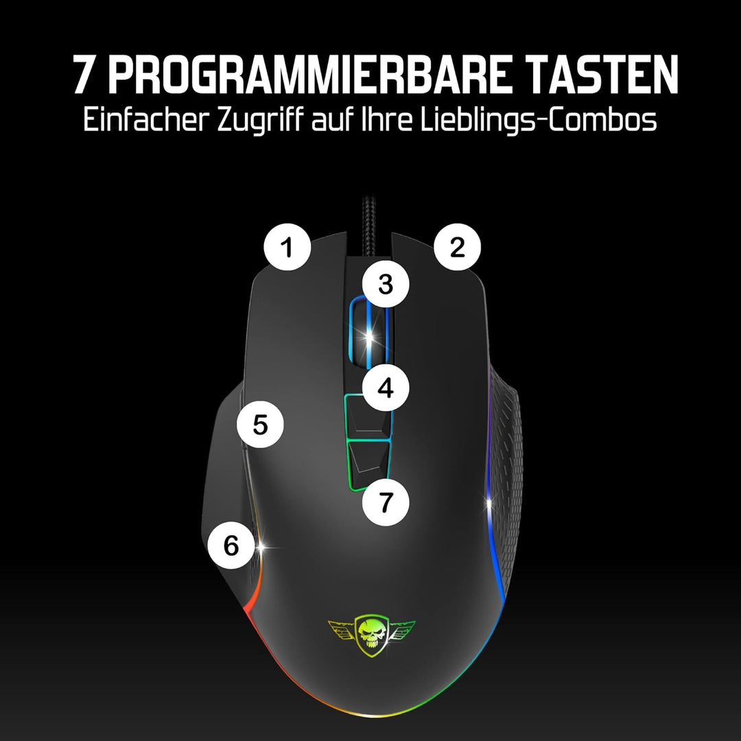 SPIRIT OF GAMER Pro M1, Gaming Maus Kabelgebunden, 7 Programmierbare Knöpfe, Optischer Sensor 8000 D