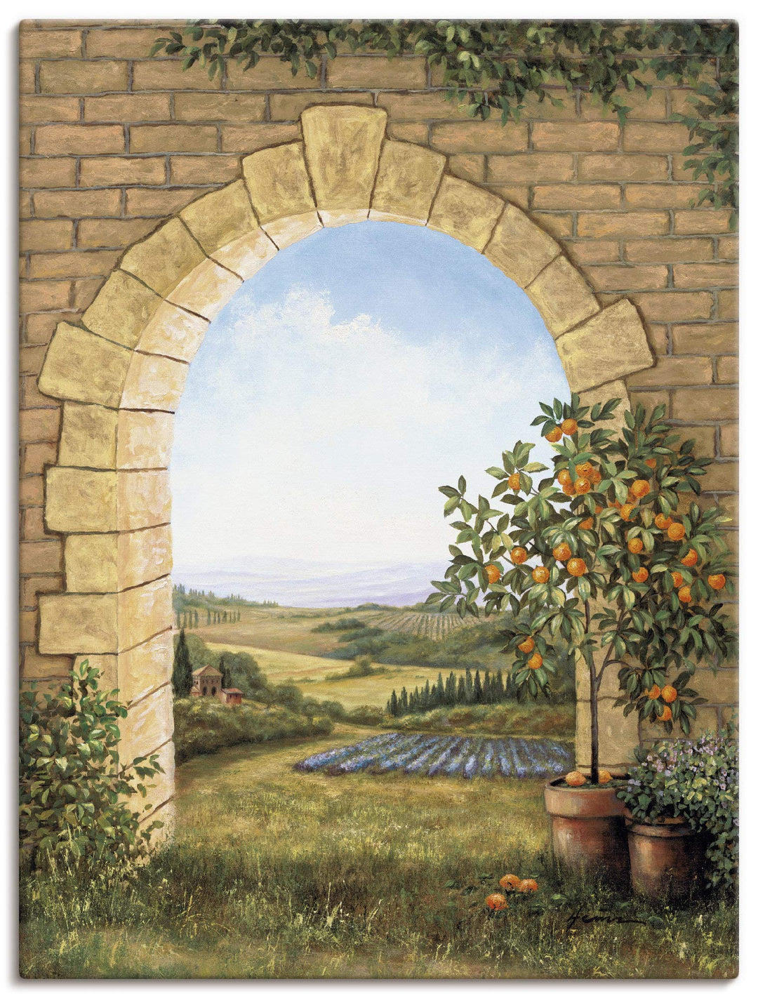 Artland Leinwandbild Wandbild Bild auf Leinwand 60x80 cm Wanddeko Fensterblick Toskana Landschaft It