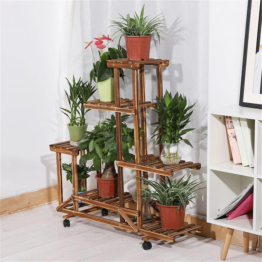unho Blumenregal Rollbar, Blumenständer mit 6 Ebenen, Blumentreppe aus Holz, Pflanzenregal Balkon Wo