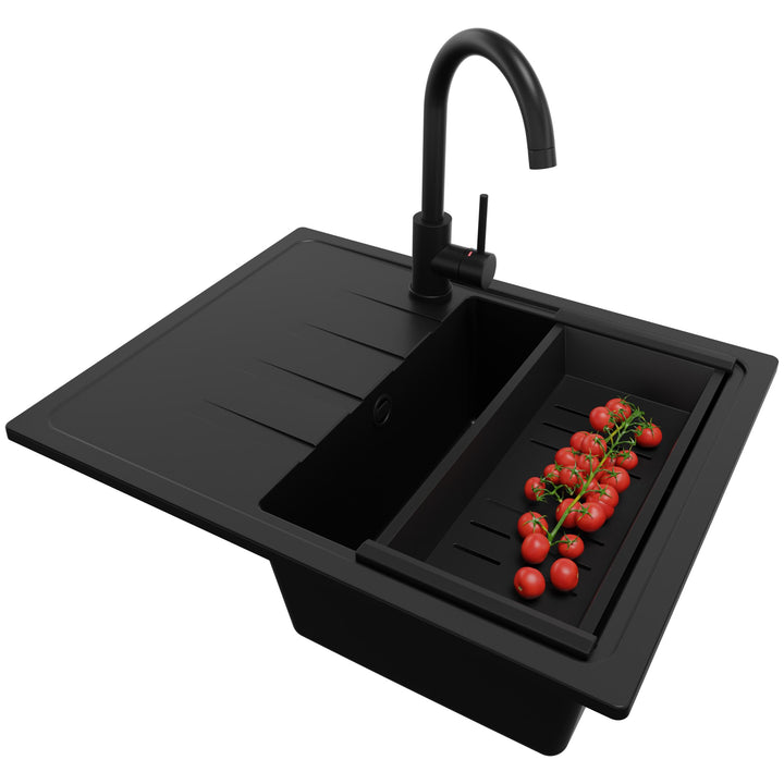 PRIMAGRAN Granitspüle Alles Schwarz 62x50cm, Spülbecken 1 Becken + Küchenarmatur 32x20cm + Ablauf-Se