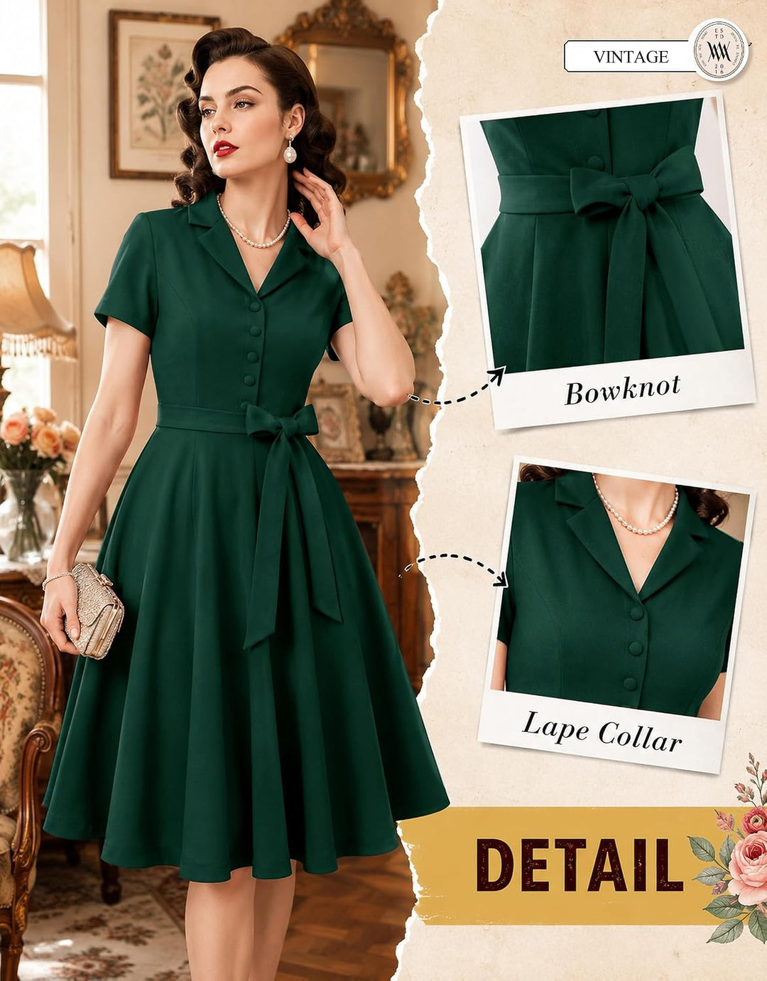 Wedtrend Vintage Cocktailkleid Damen A Linie Midilang V-Ausschnitt Abendkleid Elegant Freizeitkleide