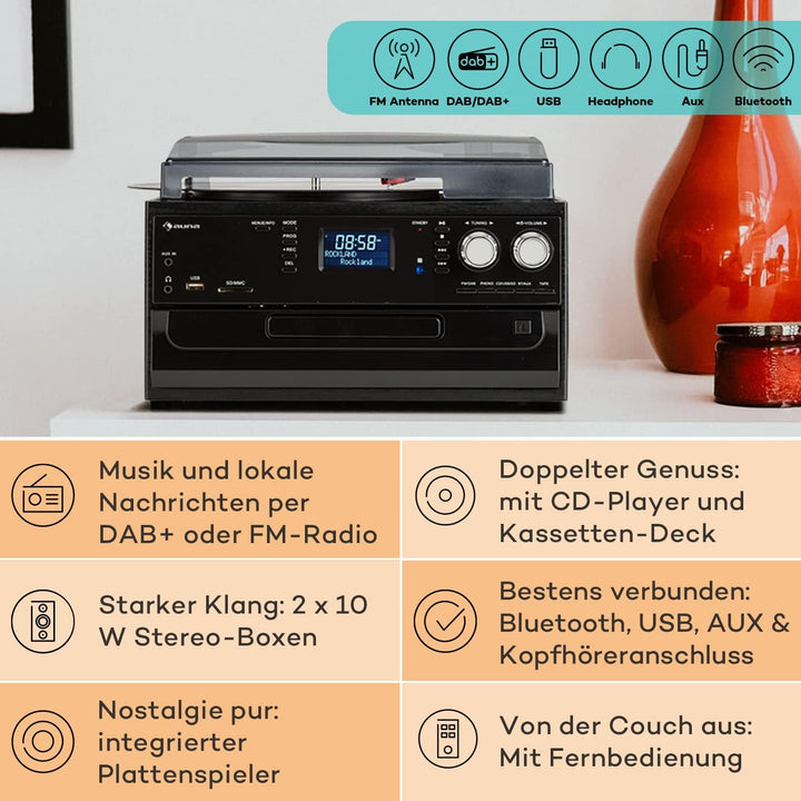 Auna Plattenspieler für Schallplatten, Plattenspieler mit Lautsprecher, CD-Player, USB & DAB Radio,