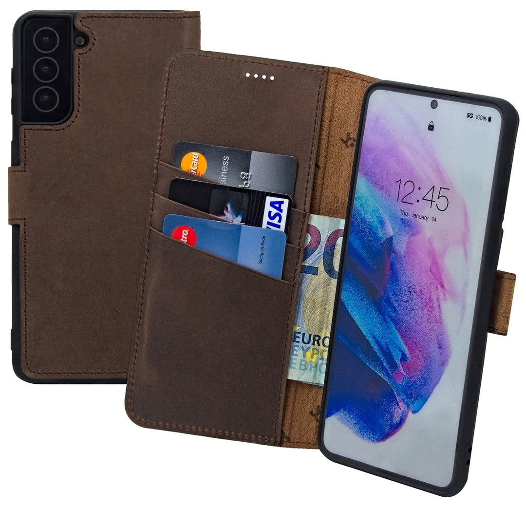 Suncase Book-Style Hülle kompatibel mit Samsung Galaxy S23 5G Leder Tasche (Slim-Fit) Lederhülle Han