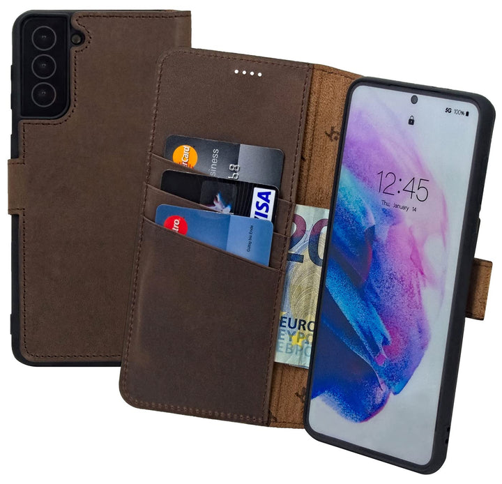 Suncase Book-Style Hülle kompatibel mit Samsung Galaxy S23 5G Leder Tasche (Slim-Fit) Lederhülle Han