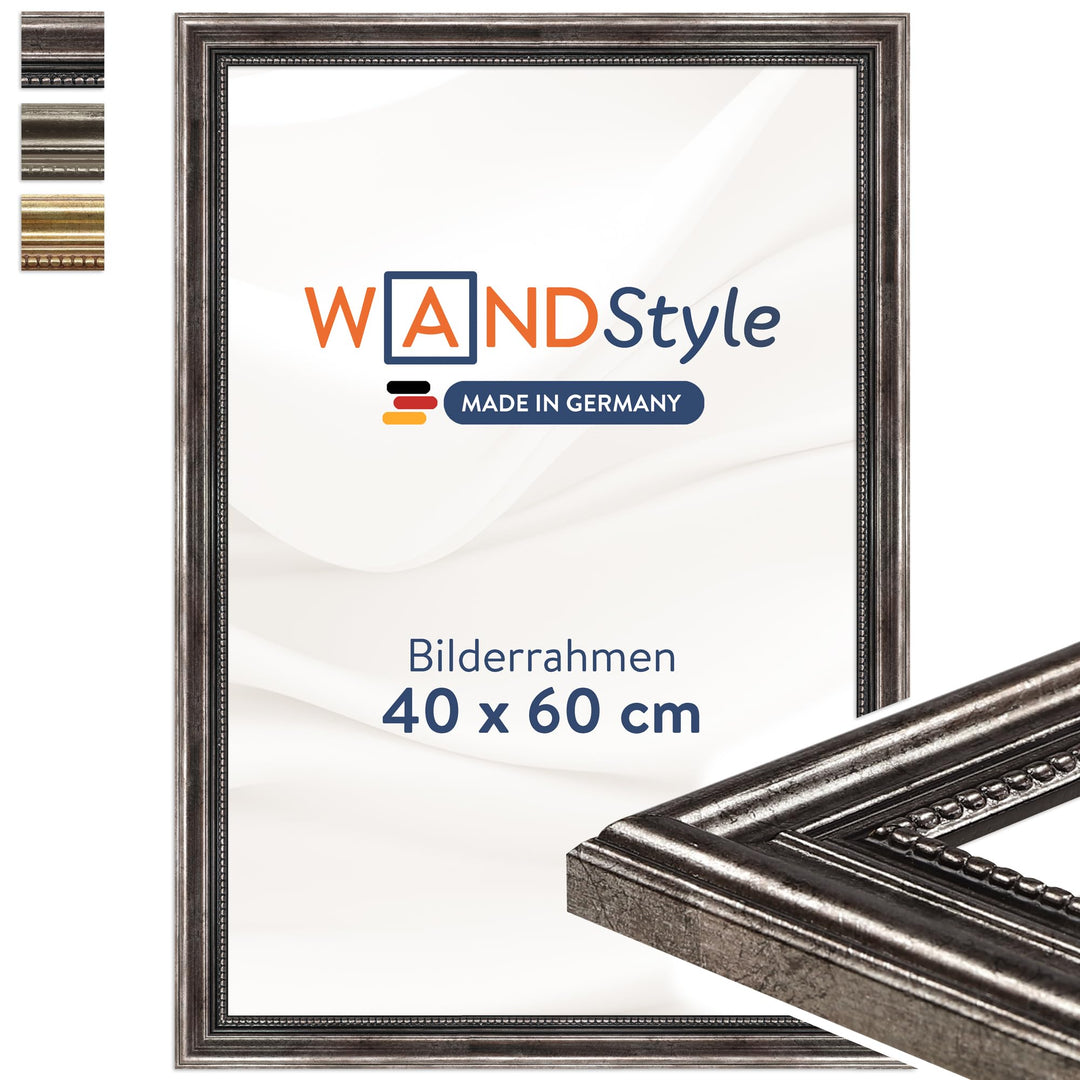 WANDStyle Bilderrahmen Metall-Optik 40x60 cm aus Holz im Antik-Stil zum Aufhängen, Posterrahmen Made
