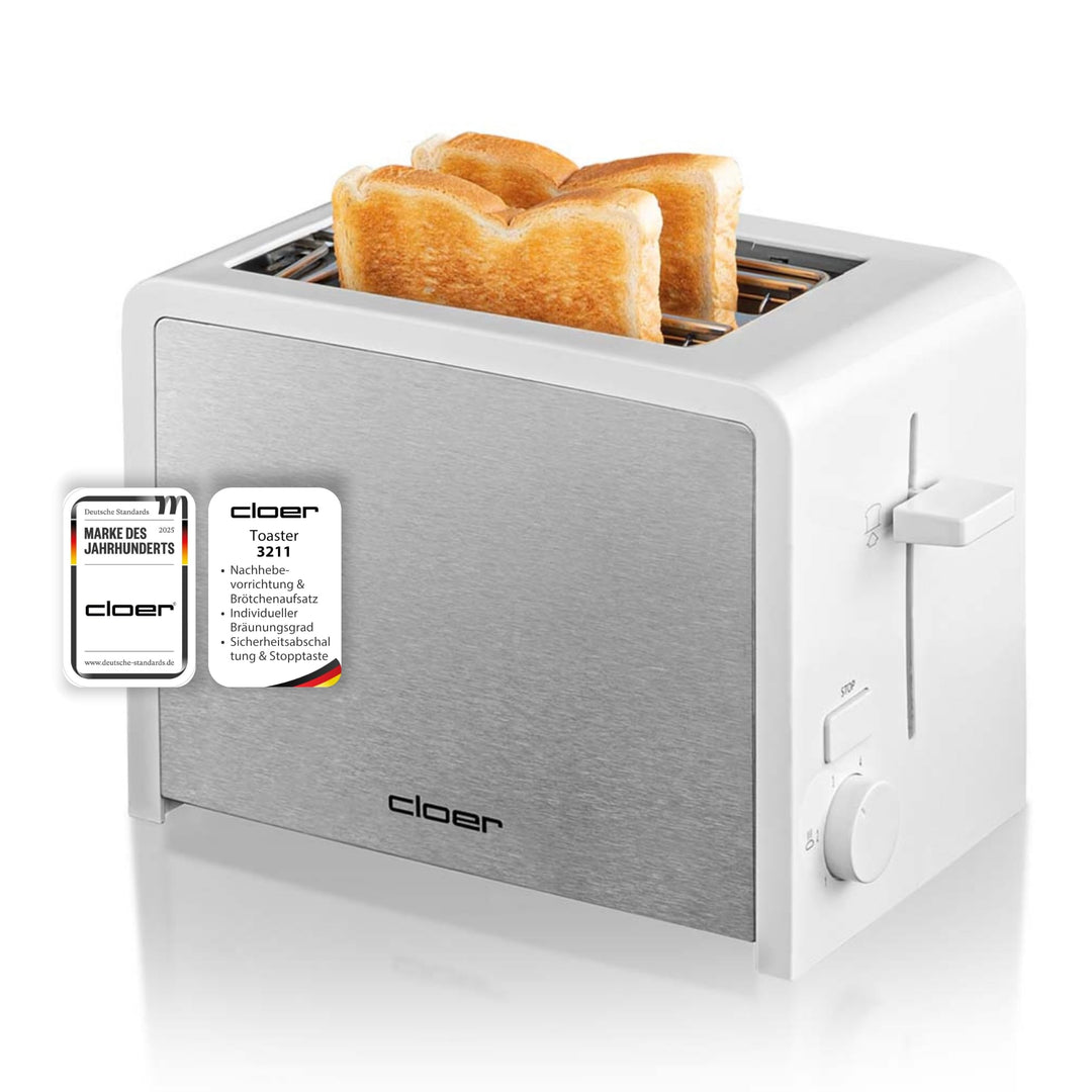 Cloer 3211 Toaster, 825 W, für 2 Toastscheiben, integrierter Brötchenaufsatz, Nachhebevorrichtung, K