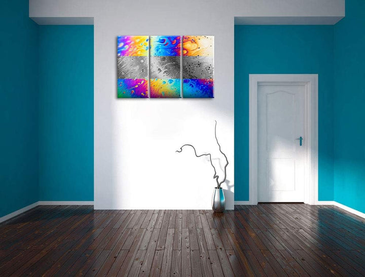 bunte Ölspritzer auf Glas schwarz/weiss 3-Teiler Leinwandbild 120x80 Bild auf Leinwand, XXL riesige