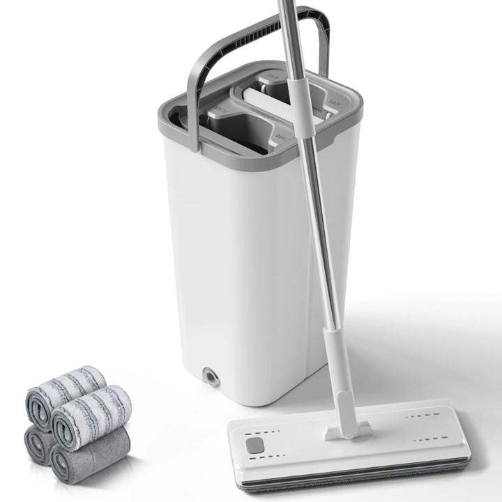 Masthome Bodenwischer Set mit Eimer,Wischmopp Set mit Edelstahlgriff und 4 Mikrofaser Moppkopf, Putz