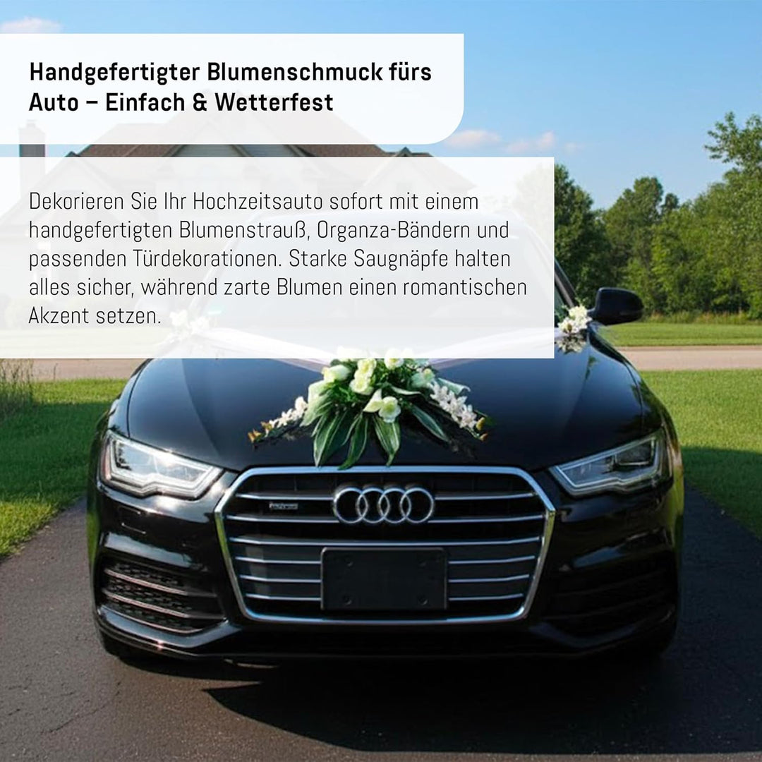 Spitze STRAUss Auto Schmuck Braut Paar Rose Deko Dekoration Hochzeit Car Auto Wedding Deko PKW (Weis