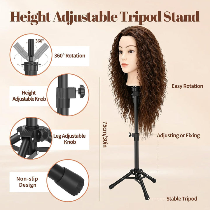 Yofuly 24Zoll / 61cm Frisierkopf mit Ständer, 80% Echthaar Übungskopf Puppenkopf mit Ohrlöchern, Fri