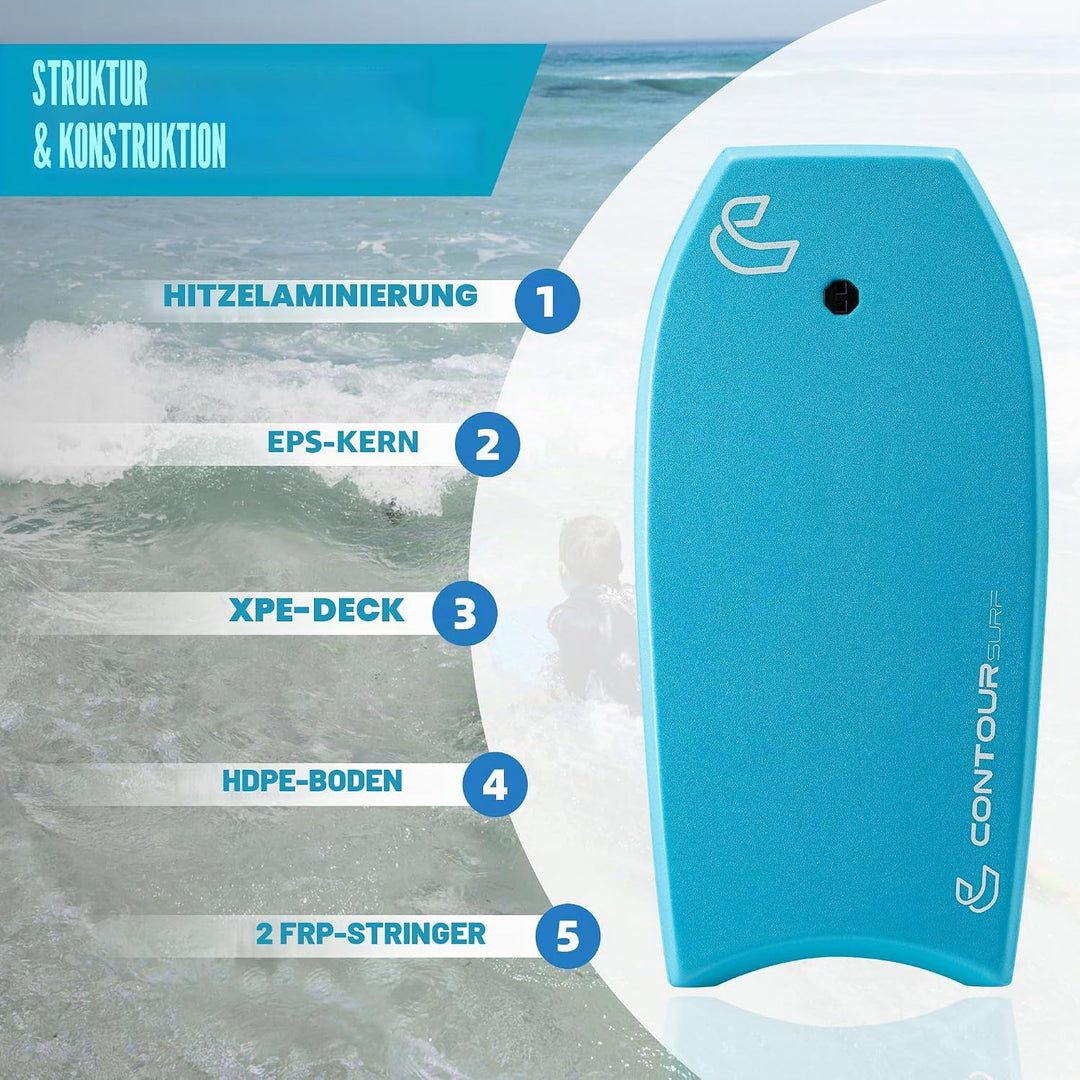 Body Boards for Beach Lightweight Durable Body Board with EPS Core Dual Channel Double Swivel Coiled