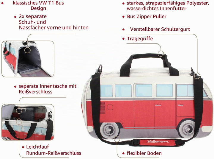 BRISA VW Collection - T1 Bulli Bus Sporttasche Reisetasche Gross Rot und Beige Klein (50 x 25 x 26 c
