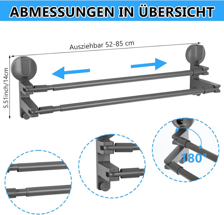 Handtuchhalter Saugnapf mit 2 Haken für Wandmontage Verstellbare Doppelte Handtuchstange Vakuum Bade