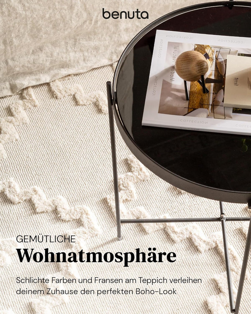 Benuta Teppich OYO Cream Handmade-Look Fransen Hochflor Wohnzimmer 160x230 cm 160x230 cm Cream, 160x