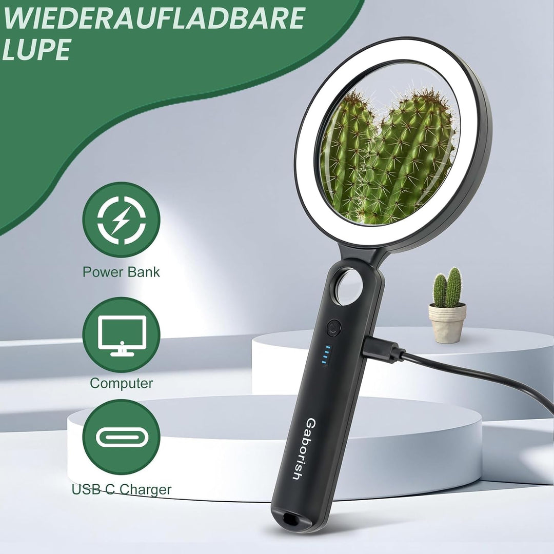 Grosse Lupe mit Licht USB Aufladbar, 10X 30X Leselupe mit Licht für Senioren Gross, 36 LED &amp; 5 Licht