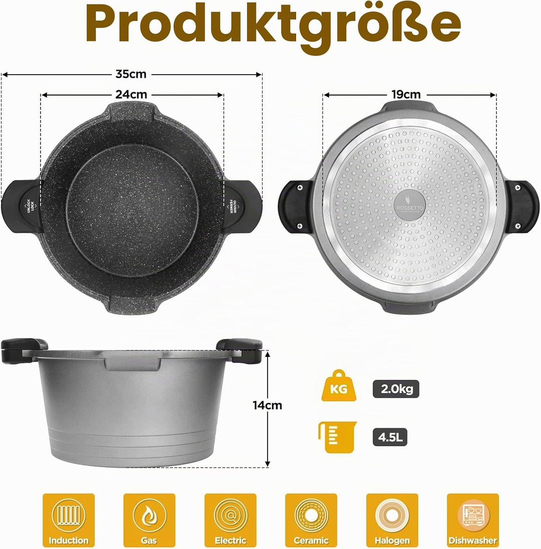 ROSSETTO Nudeltopf 24 cm Nudelkocher mit verschliessbarem Deckel, 4,5 l Spaghetti-Kasserolle, Glasde