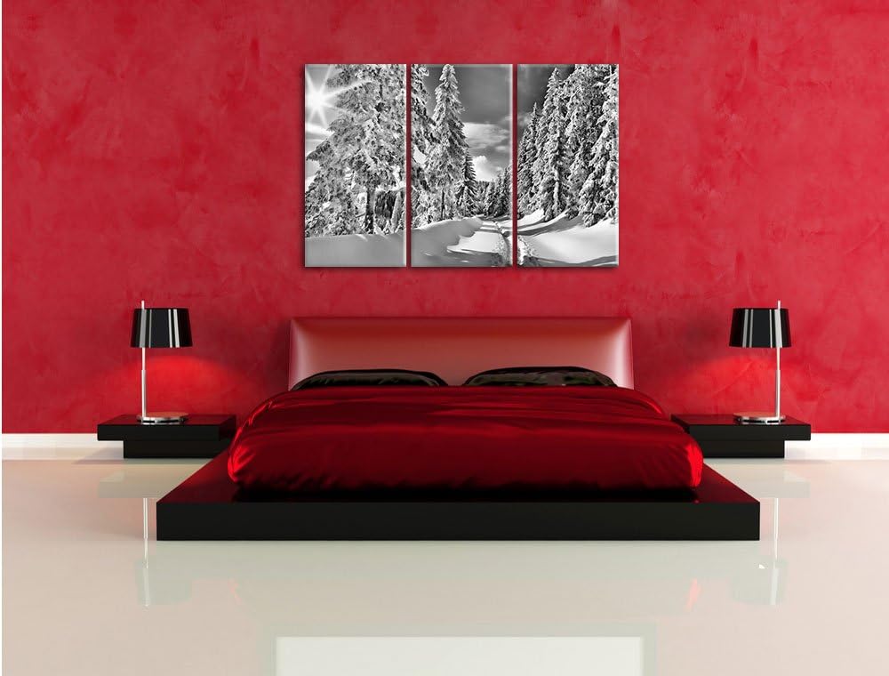 Pixxprint Monocrome, Winterlandschaft Bäume 3-Teiler Leinwandbild 120x80 Bild auf Leinwand