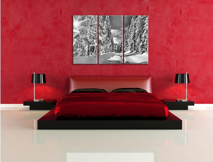 Pixxprint Monocrome, Winterlandschaft Bäume 3-Teiler Leinwandbild 120x80 Bild auf Leinwand