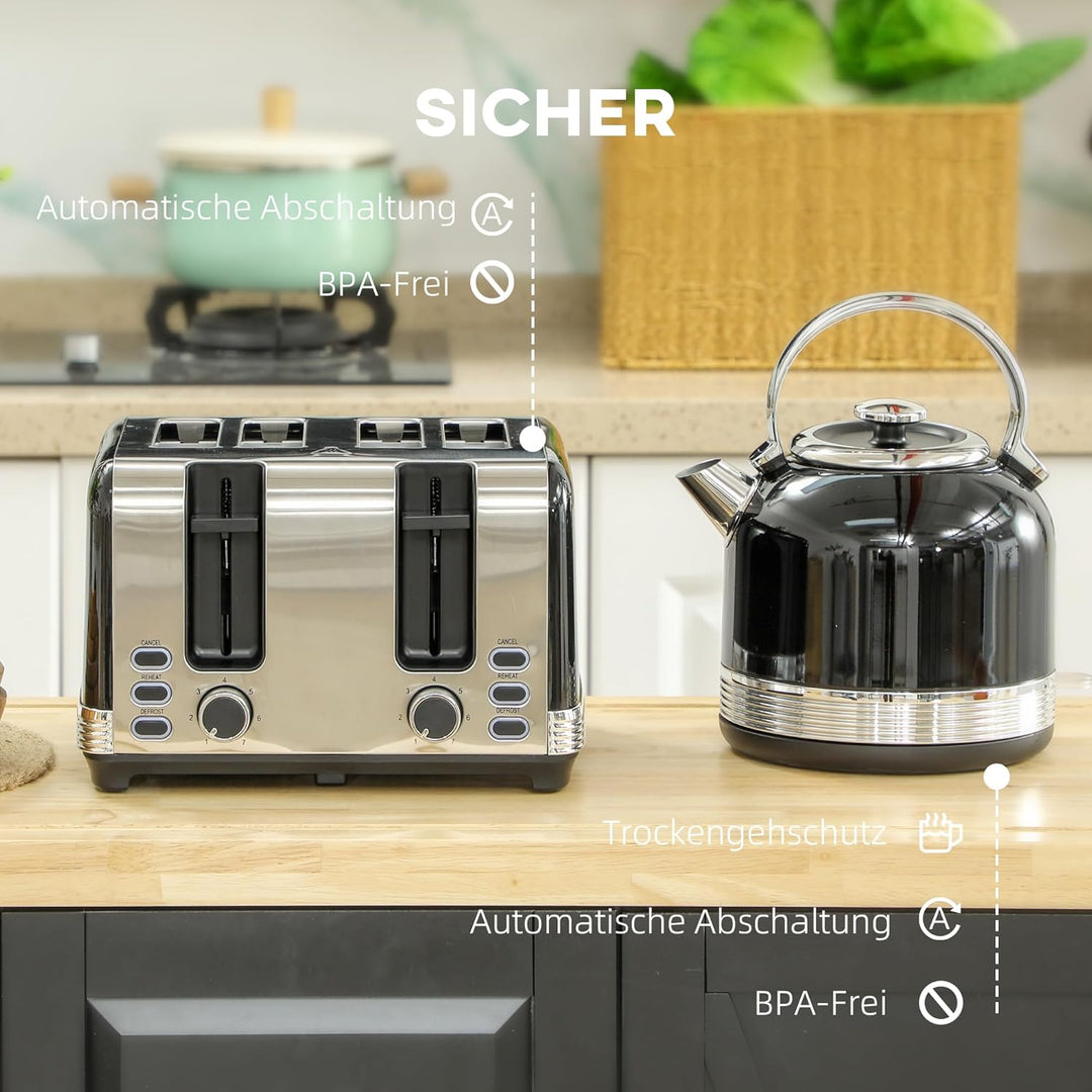 HOMCOM Wasserkocher Toaster Set Edelstahl 2200 W 1,7L Wasserkocher, 4 Scheiben Toaster, 7 Bräunungss